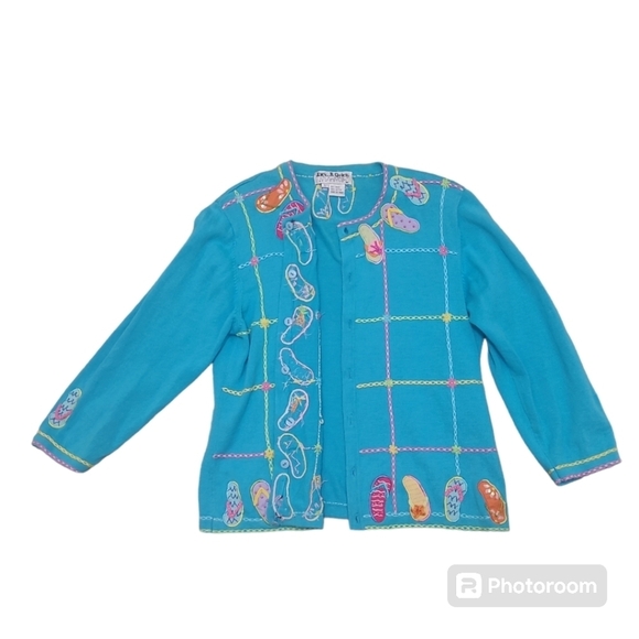 Jack B Quick Embroidered Blue Pink Yellow Cardigan Size Large - Picture 8 of 11